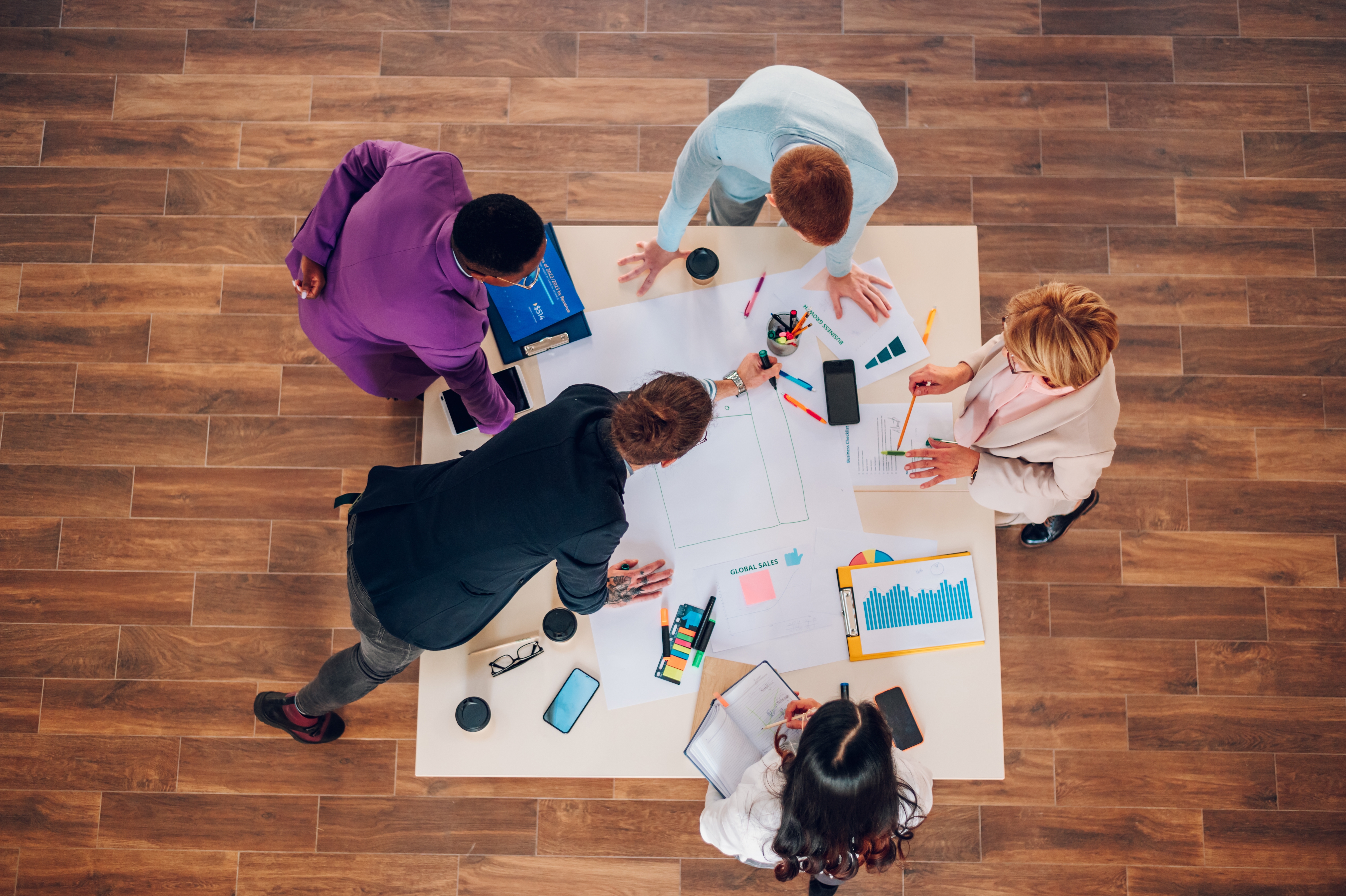 High angle shot of a diverse creative business team working together